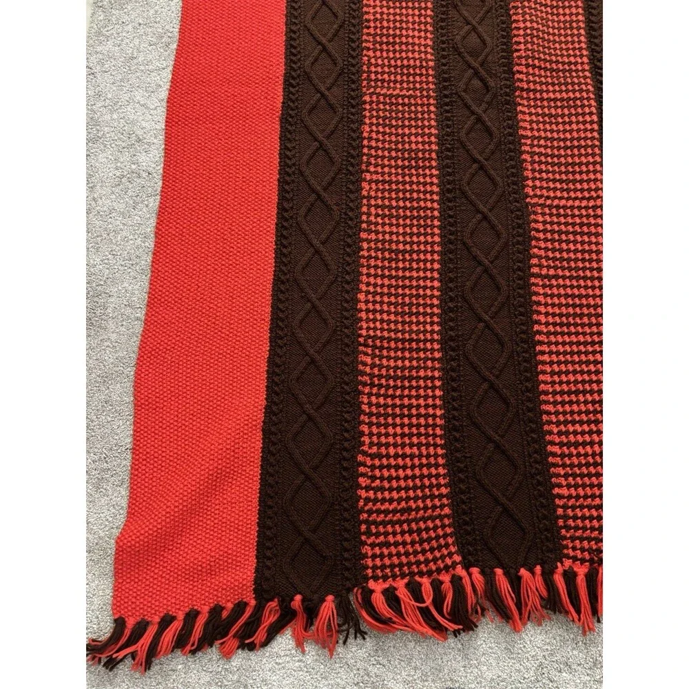 VintageHandmade Throw Blanket 50x76 Orange Brown Cable Knit Afghan Fringe Rustic